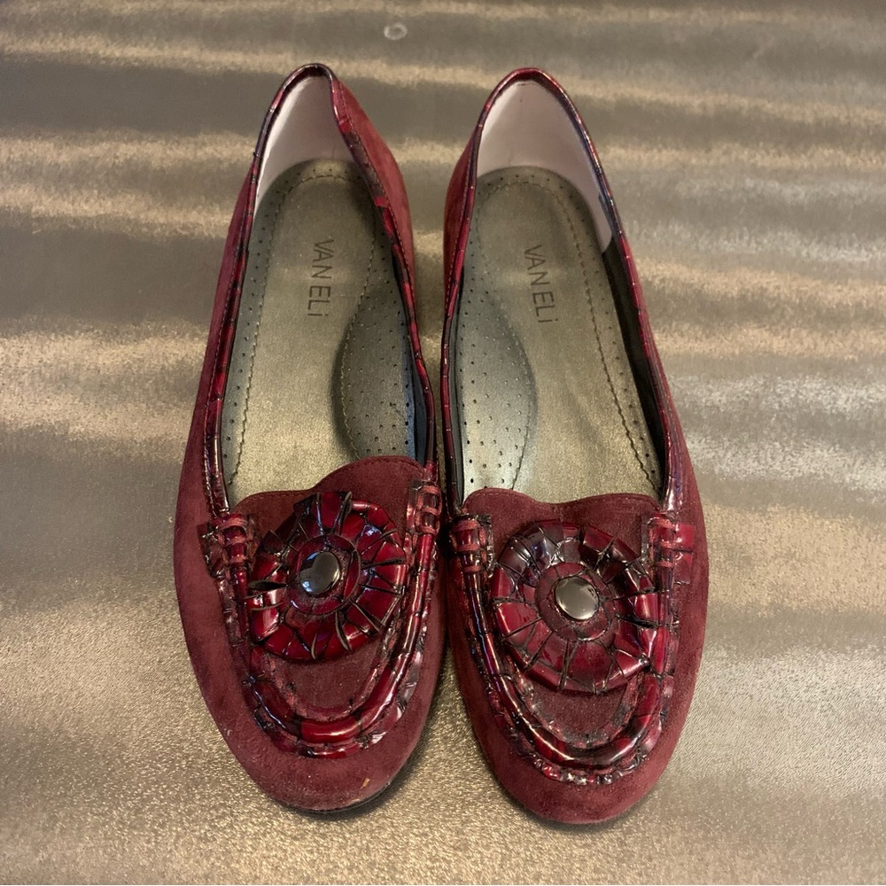 Van Eli Burgundy leather & suede Loafers with leather & stud flower top front 8